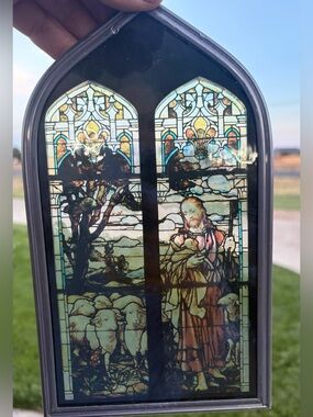 Stained Glass Shepherd & Sheep Panel - Multicolor